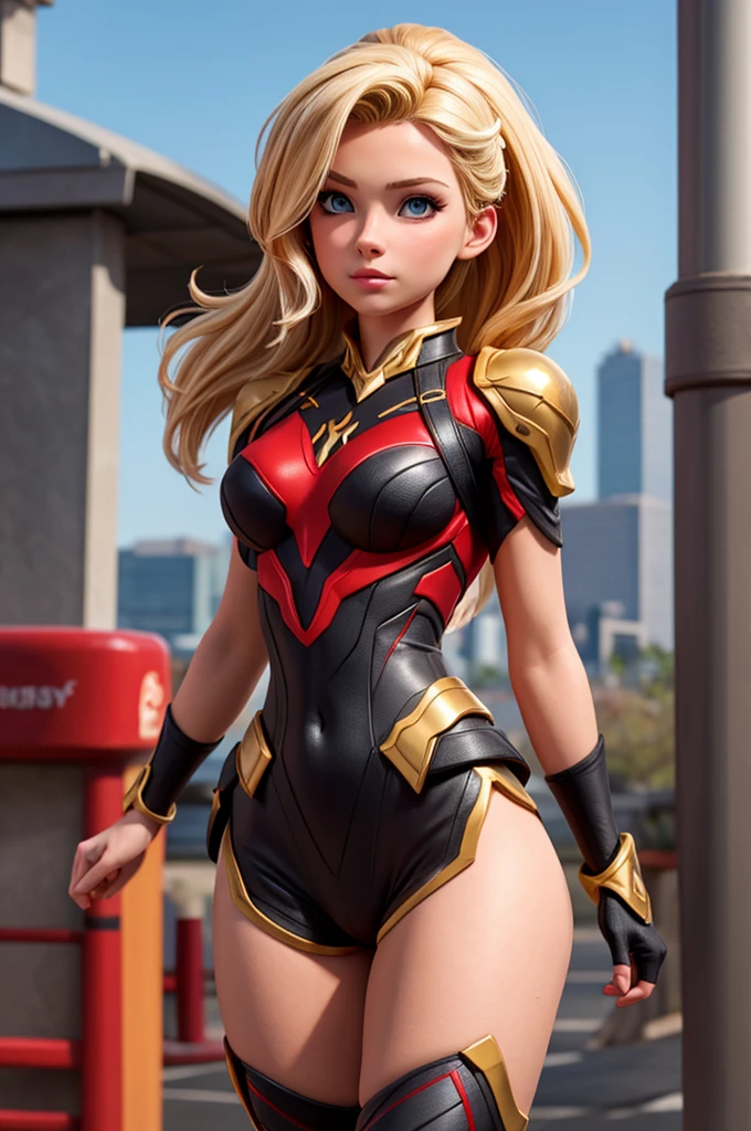 Blonde sexy girl , wearing a sexy red and gold hero armor,  electronic futuristic outfit . Dragon in the background