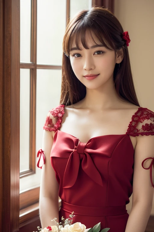 Medium view, medium shot, Depth of bounds written, bust, Upper body, cinematic angle, masterpiece, highest quality, Super detailed, cg, 8k wallpaper, beautiful face, delicate eyes, maiden, alone, smile, bangs, skirt, shirt, have, Crimson dress, bow, petal, bouquet
