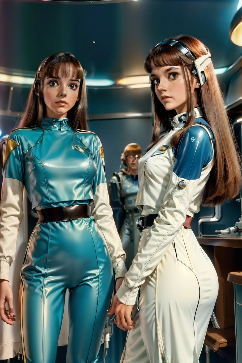 Two women in spacesuits stand next to a man in a space suit, Retro Sci - Imagem de FI, 1 9 6 0's sci - fi, 7 0's vintage sci - estilo fi, retro science fiction film, 7 0 s science fiction, Retro Sci - Science fiction film, 1 9 7 0's sci - fi movie
