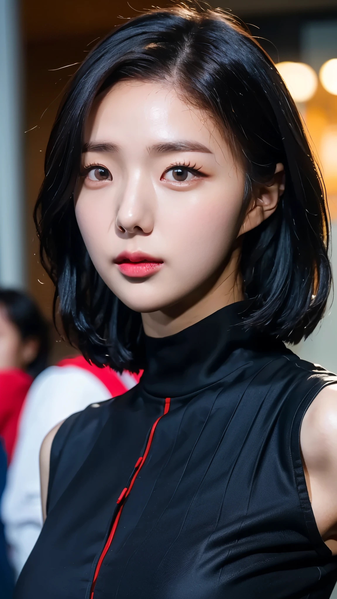 tmasterpiece,1 Korean girl,realisticlying,8K UHD,high high quality,in the background bokeh, spider-man black suit,Spidey,Clothes wrap around the whole body,Tight clothing,Abs contour,Short black hair,s the perfect face,shining face,Ultra-clear face,Elaborate Eyes,idoly