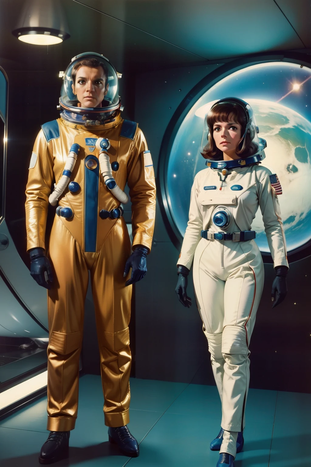 Two women in spacesuits stand next to a man in a space suit, Retro Sci - Imagem de FI, 1 9 6 0's sci - fi, 7 0's vintage sci - estilo fi, retro science fiction film, 7 0 s science fiction, Retro Sci - Science fiction film, 1 9 7 0's sci - fi movie
