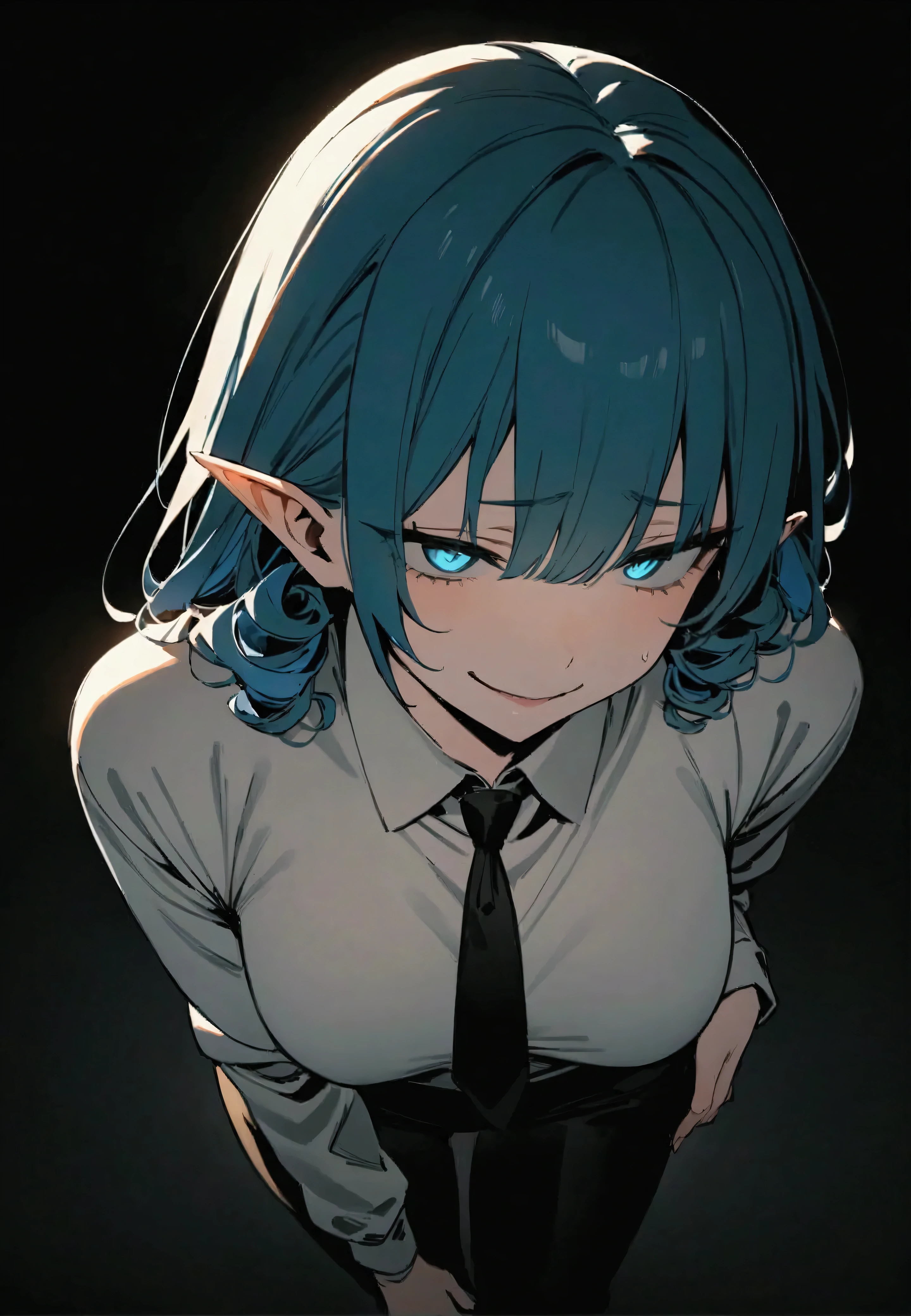 ( masterpiece :1.2, the best quality), 1 woman, upper body, long sweater down to her buttocks, black pants ,black tie, casual, medium breasts, blue hair, curly, Minimalist makeup,pale,natural fabrics, Close-up of the face, wicked smile , bright heteroctomia eyes ((circular pupils)),8k high resolution, detailed lines, (( full body )), Dark background , tired with dark circles , pointed ears ,