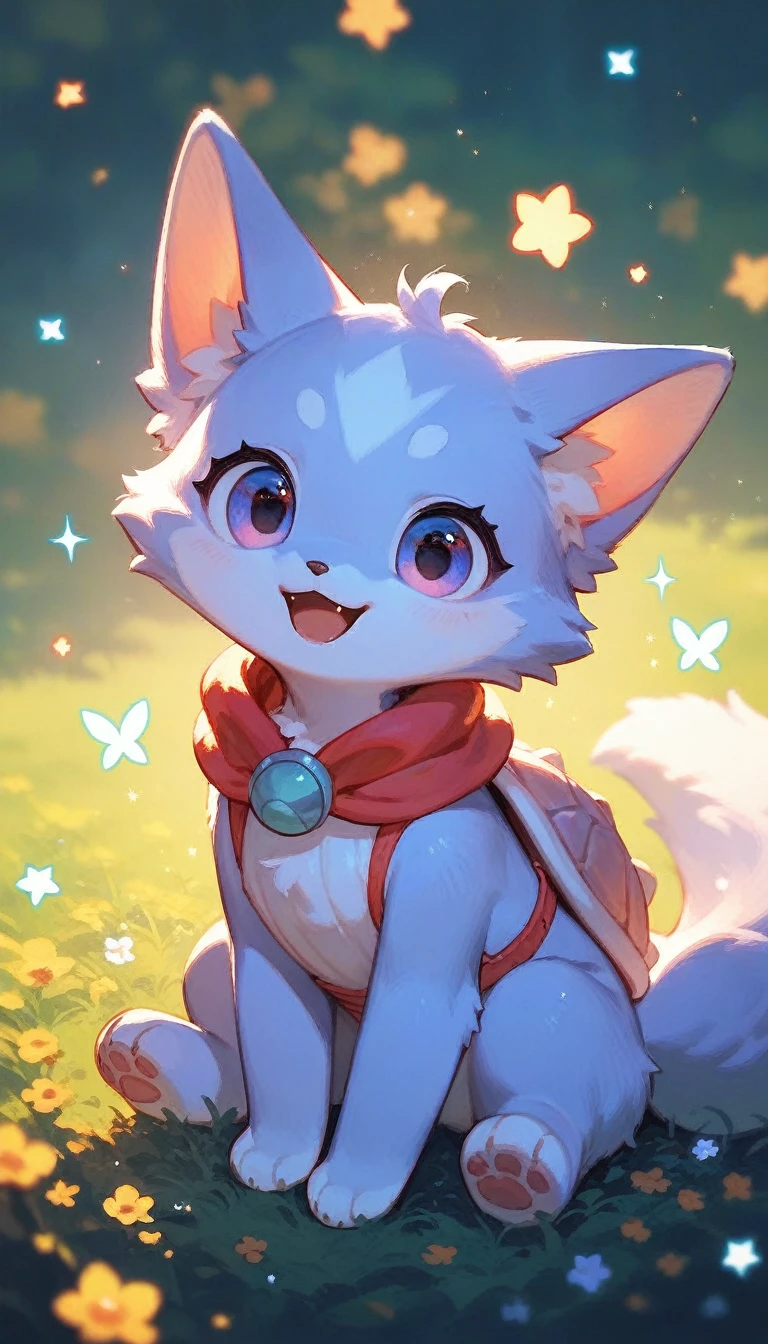  cute anime-style animal looks like a mix between a kitten and a fox,sparkling shell , funny appearance ,cuteness,masterpiece,