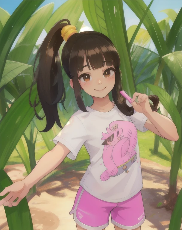 ally, side ponytail,  black hair, brown eyes,  smile,  smug, 
white shirt, pink shorts, 
standing, 
backyard, giant leaf,   small perspective, 
(insanely detailed, beautiful detailed face,beautiful detailed eyes, masterpiece, best quality)  solo,
 