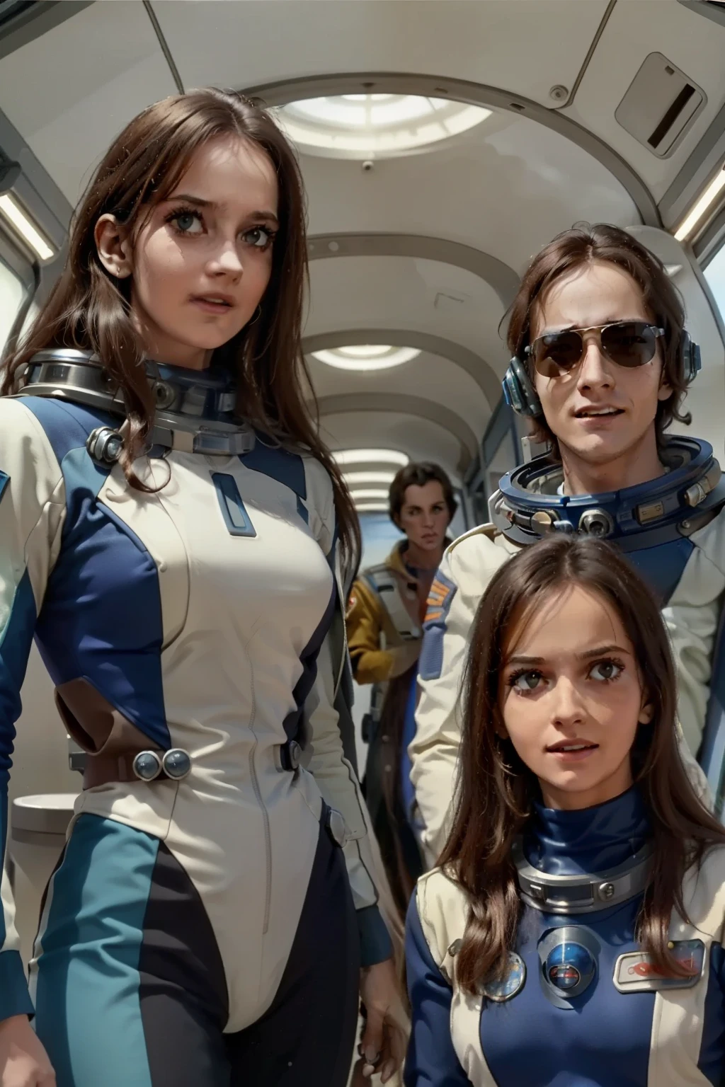 Two women in spacesuits stand next to a man in a space suit, Retro Sci - Imagem de FI, 1 9 6 0's sci - fi, 7 0's vintage sci - estilo fi, retro science fiction film, 7 0 s science fiction, Retro Sci - Science fiction film, 1 9 7 0's sci - fi movie
