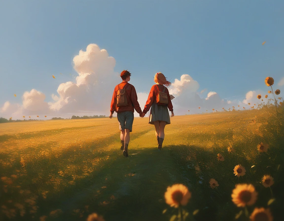 ((, a boy and a girl are walking through a huge field of poppies holding hands)),side view from below ,around a field of red poppies , detailed image ,