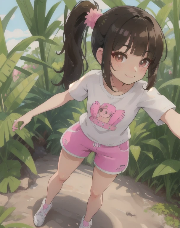 ally, side ponytail, black hair, brown eyes, smile, smug, white shirt, pink shorts, standing, backyard, giant leaf, small perspective, (insanely detailed, beautiful detailed face,beautiful detailed eyes, masterpiece, best quality) solo,