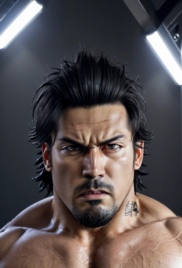 best quality, ultra-detailed, beefy built, male, yami sukehiro, eye focus, big eyes, detailed facial features, hairy body, beefy built body, full body, intense expression, daramatic black lighting, dark electric aura, full body,