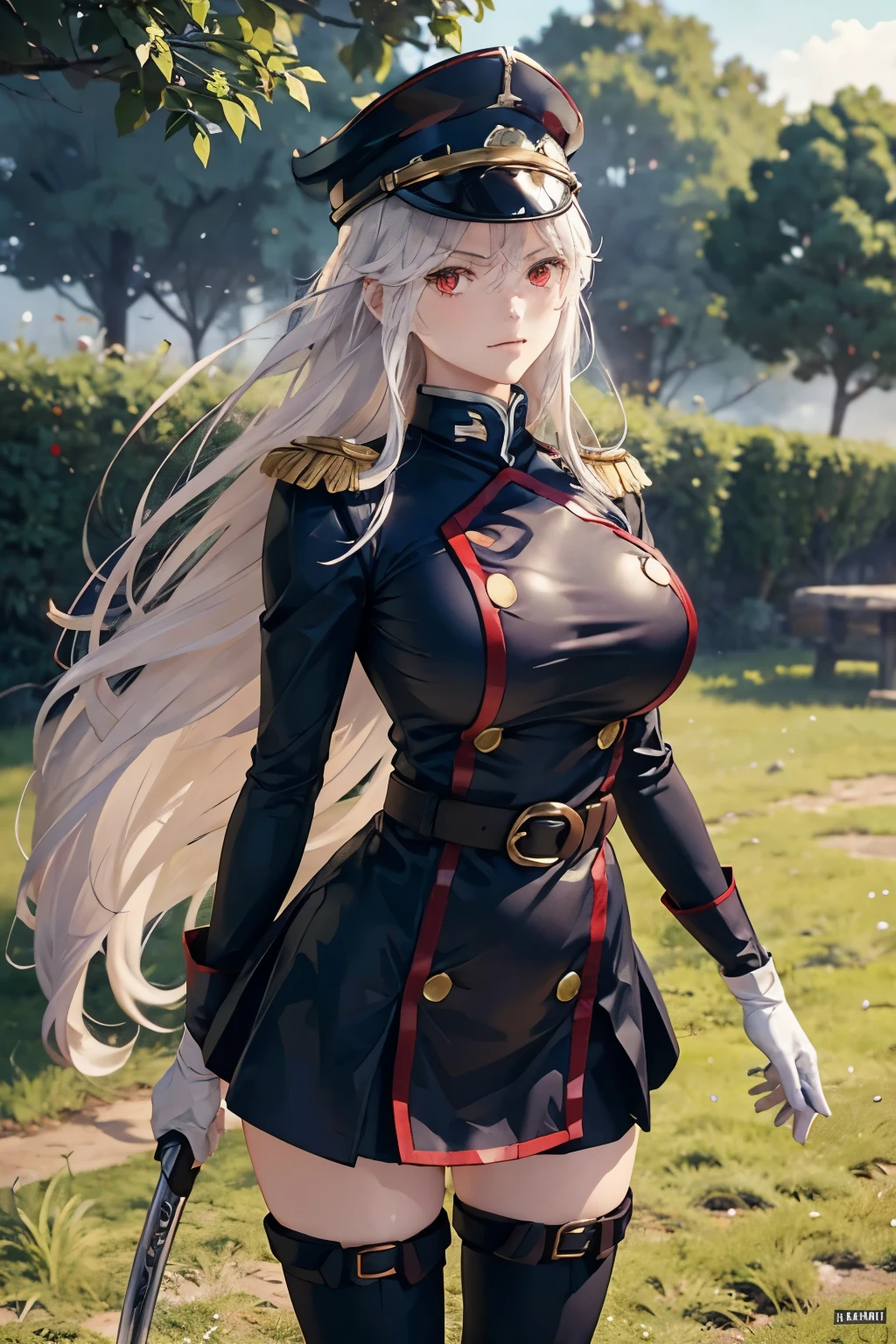 gros seins, jambes grasses, ((perfect eyes)), (extremely fine and beautiful:1.1), (perfect details:1.1), (finely detailed eyes and detailed face:1.3), ((uzen kyouka)), demon slave, outdoors, blue sky, long hair, (red eyes:1.3), white hair, BREAK thighhighs, gloves, hat, boots, belt, sword, uniform, zettai ryouiki, military, military uniform, thigh boots, shako cap, shining clothes