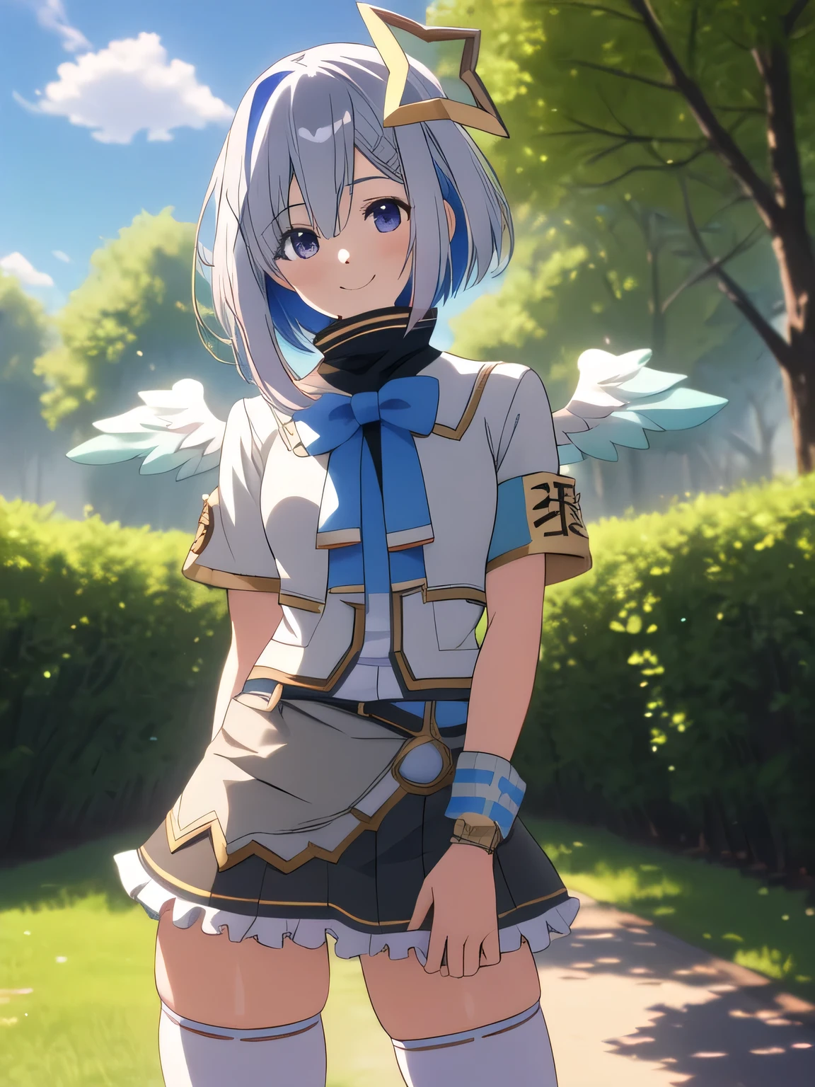 masterpiece, best quality, anime screencap,source anime,anatomically correct,highly detailed eyes,highly detailed face,highly detailed girl,kanatadef,skirt ,cowboy shot, contrapposto, (bulge in crotch),looking at viewer, smile ,park, trees, sky