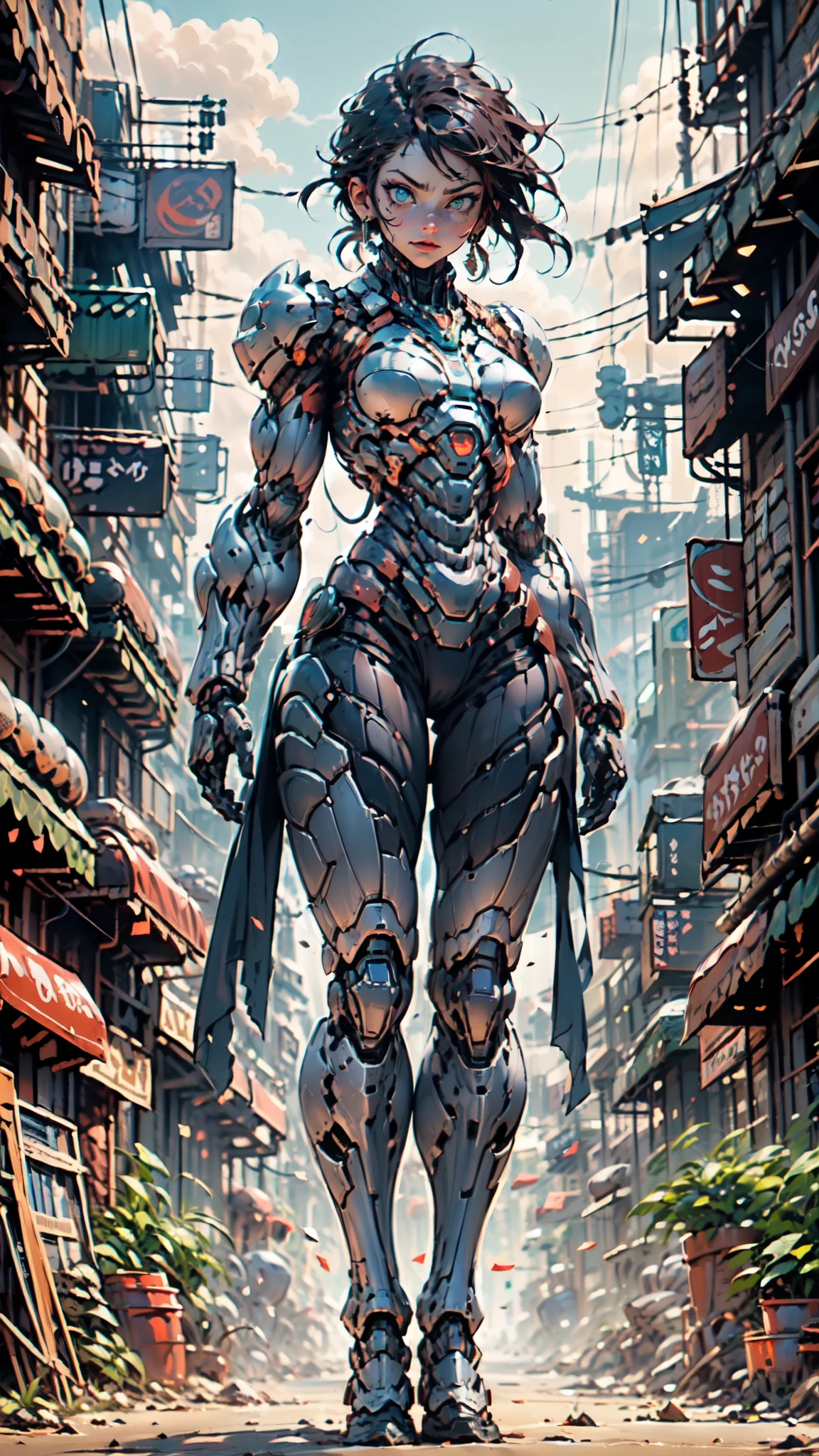 (masterpiece:1.5, best quality:1.5, extremely delicate:1.5), ((Female:1.2)), Biomimetic humanoid Mecha, green eyes, fully enclosed shoulder guards, matching arm and leg guards, gemstone, full body, full armor, the design balances heavy with agility, organic biotech armor, (the color scheme is primarily White and Purple with Black and Red accents, concept Inspired by Kunoichi, glowing eyes, the armor glows), standing, floating high above the futuristic sci-fi city, a finely crafted Super robot in anime style, exquisite and mature art style, feminine, metallic, dramatic, high definition, highres, ultra-detailed, ultra-fine painting, professional, anatomically correct, symmetrical face, extremely detailed eyes and face, high quality eyes, creativity, RAW photo, UHD, 32k, Natural light, cinematic lighting, (masterpiece-anatomy-perfect:1.2)