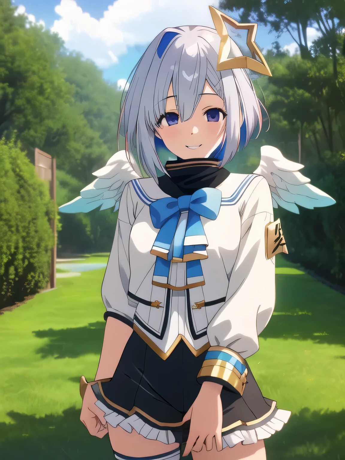 masterpiece, best quality, anime screencap,source anime,anatomically correct,highly detailed eyes,highly detailed face,highly detailed girl,kanatadef,skirt ,cowboy shot, contrapposto, (bulge in crotch),looking at viewer, smile ,park, trees, sky