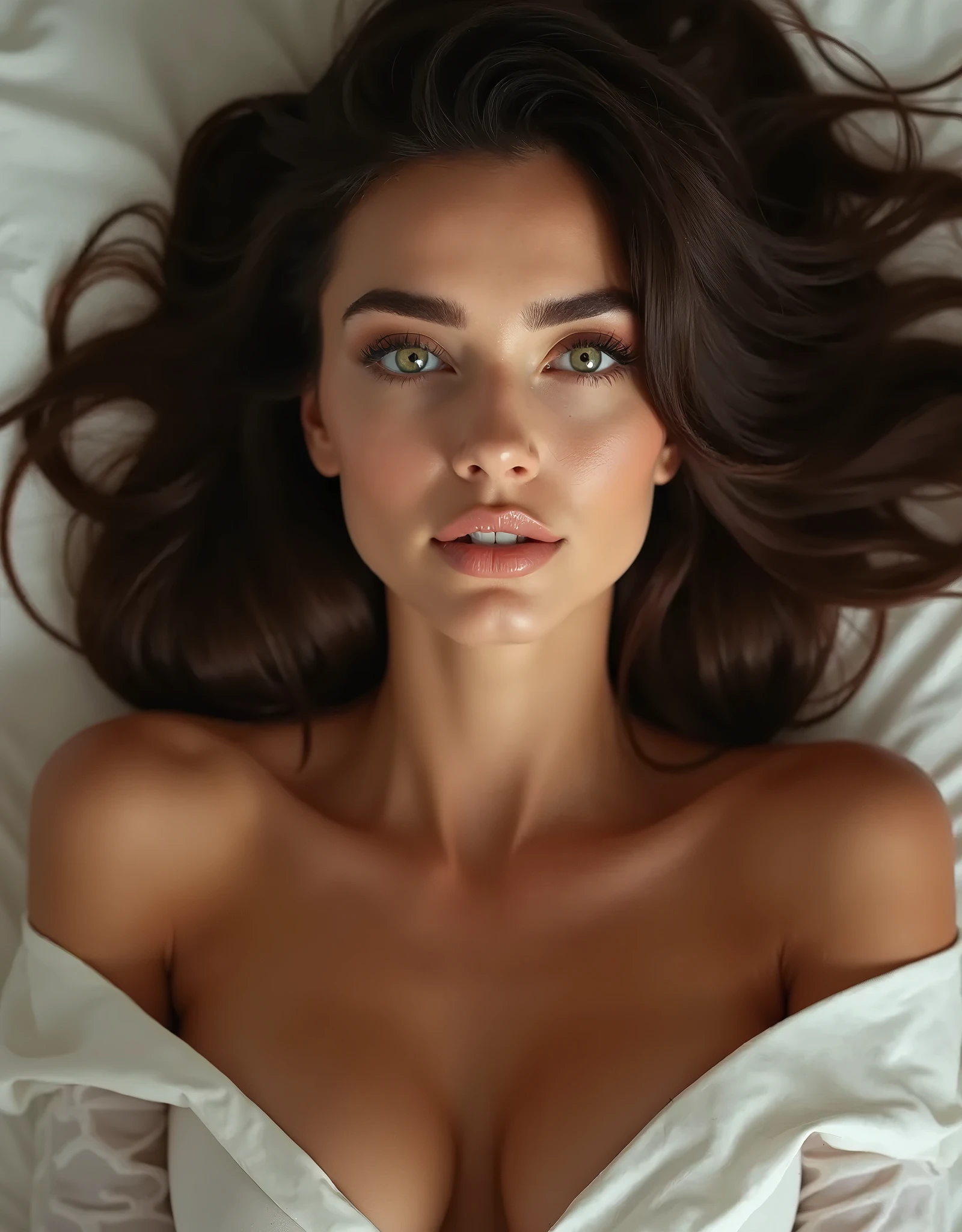 (Multi-view, front-view, rear view, side-view 1.3) photo realistic, high res, 4k, A smiling, sultry stunningly beautiful, round, innocent faced 1 brunette, beaming with sex appeal, her raven hair cascading down her bare shoulders, ( She is dressed in a sheer see through top with supple breasts with erect nipples she has NO panties. The overall effect is one of undeniable sexual appeal. (She has exposed small, firm breasts, Her legs are spread wide to reveal a detailed view of her perfectly manicured gaped open pussy 1.3) (The focal point of the photo is her pubic area 1.2 )