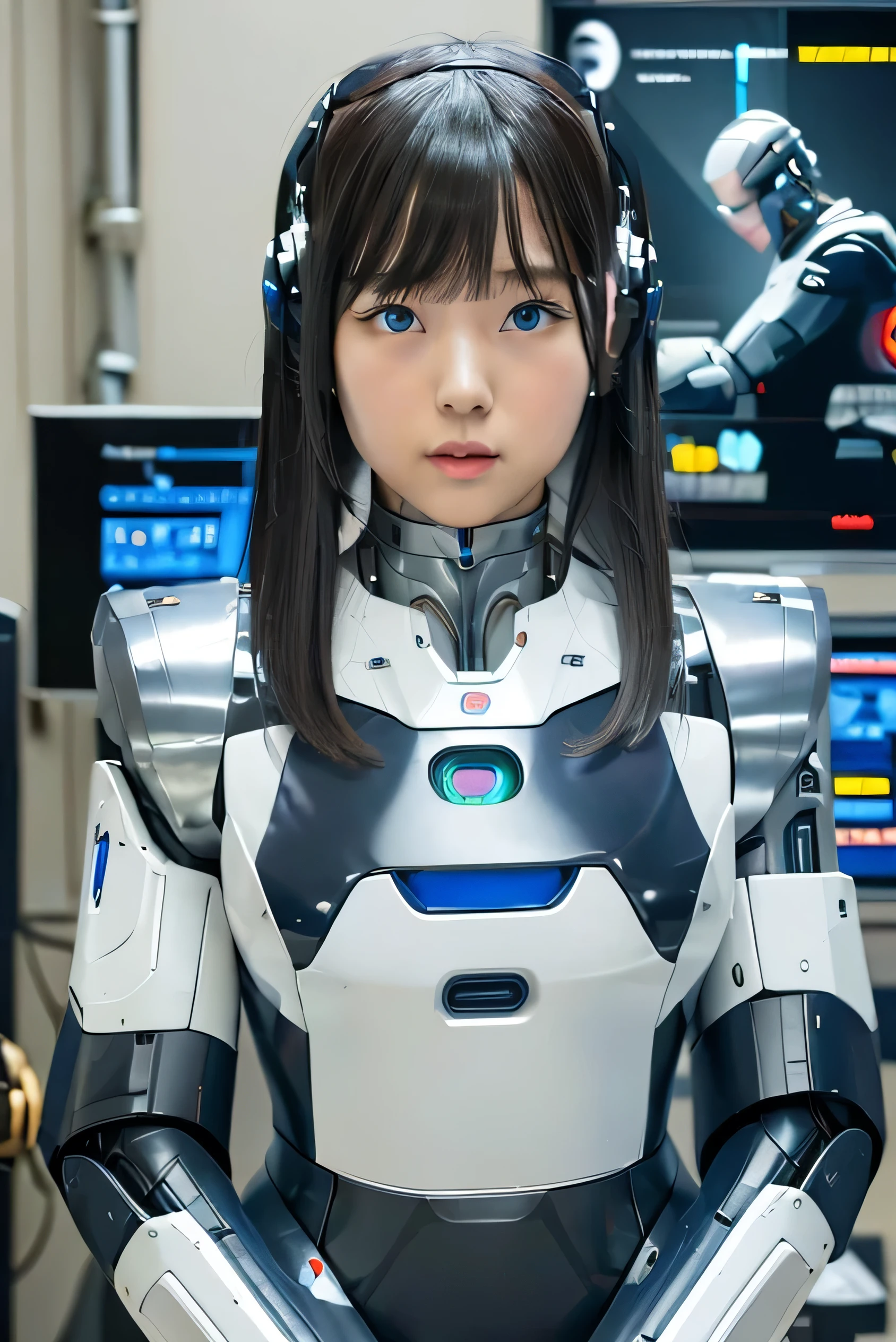 masterpiece, best quality, extremely detailed, Japaese android girl,portrait,Plump,a bit chubby,control panels,android,Droid,Mechanical Hand, Robot arms and legs, Black hair,Blunt bangs,perfect robot girl,long tube,thick cable connected her neck,android,robot,humanoid,cyborg,japanese cyborg girl ,robot-assembly plant,She is assembling now,assembly scene,blue eyes,chest monitor