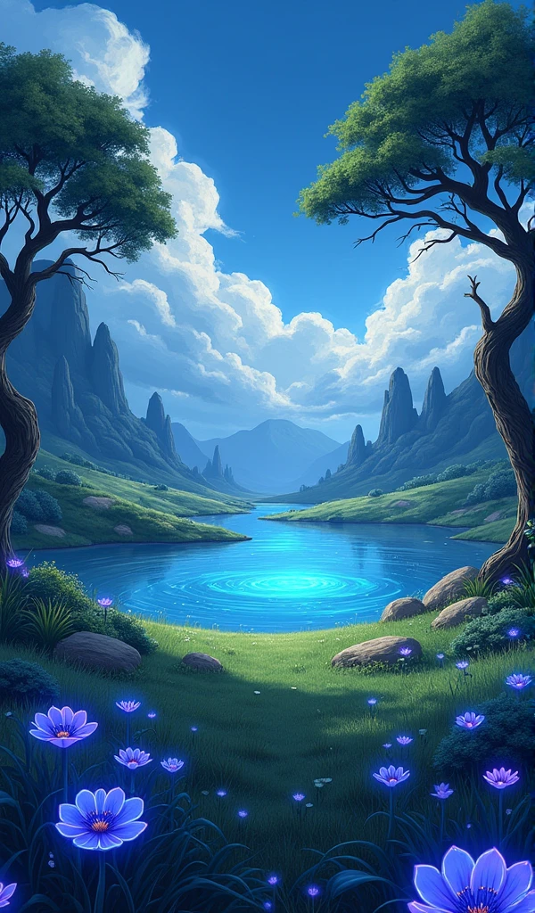 ANIME STYLE:
**Prompt:**  A vast meadow covered with soft green grass ,  dotted with bioluminescent flowers that emit a subtle and ethereal glow in shades of blue and purple,  giving the scene a magical and surreal atmosphere .  In the center of the prairie ,  a crystalline lake reflects the sky and the clouds ,  with calm waters that glow when receiving the light of the surrounding flowers . sparse trees,  with twisted trunks and foliage that varies between shades of green and silver , adorn the place , adding a sense of depth and mystery. IN THE SKY,  large and dense clouds float under a deep blue background ,  each with soft contours that seem to fall apart in a diffusing stamble effect ,  as if they were brushed on a painting .