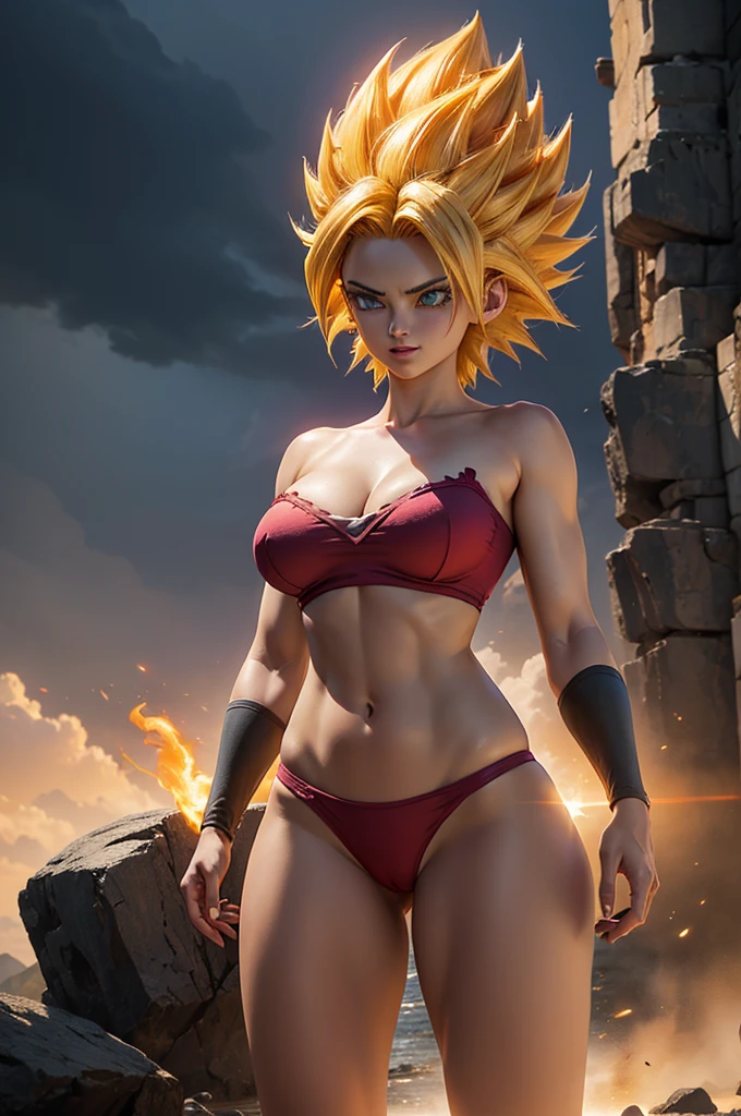 goku super saiyan,sexy woman version,little clothing,dramatic glow,apocalyptic background, in the background there is a dragon, realista, obra maestra, hiperrealista, detalles perfectos, blue eyes small and beautiful buttocks, sexy iconic costume with dragon ball z logo, mujer hermosa, luna llena y grande en el fondo, poderosa, Kamehameha,