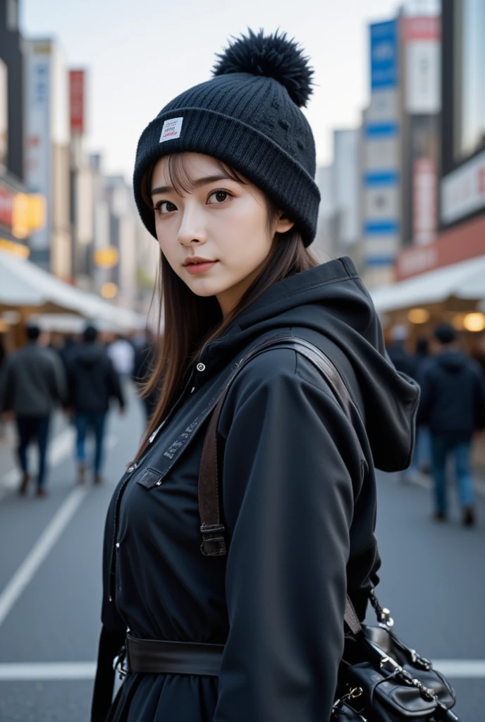 (8k、RAW photo、Best Quality、masterpiece:1.3)、(Realistic、 photorealistic )、( very big breasts:1.2)、Perfect body、 outdoor 、( Shibuya cityscape :1.4)、 Knight 、Winter clothes、Knitted hat、 stylish、Clothes suitable for the city、( hoodie:1.3)