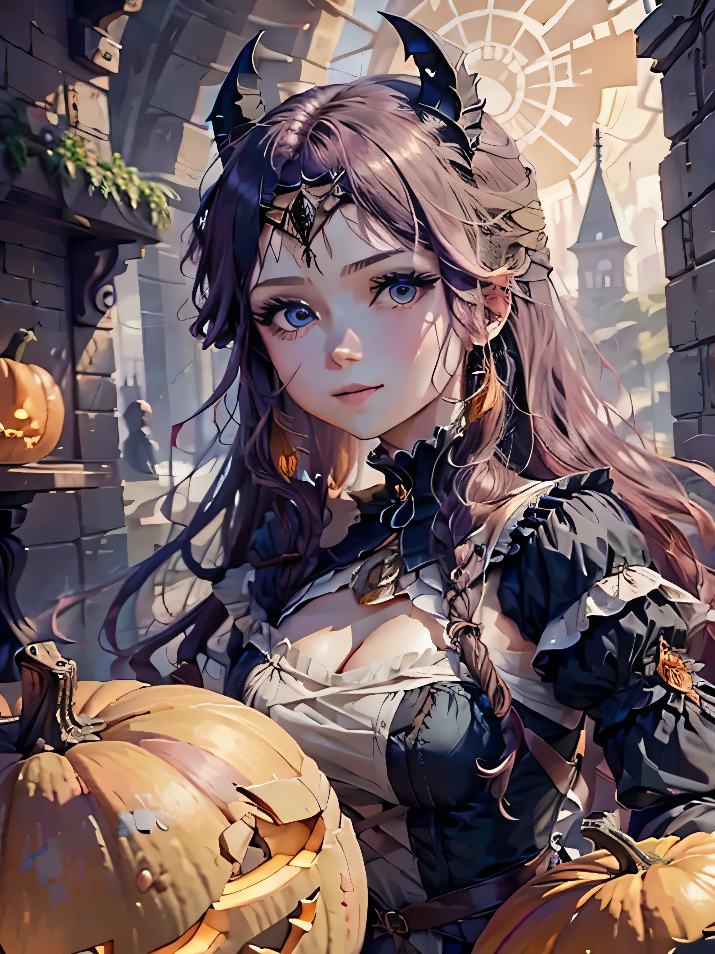 A long-faced girl with bright blue eyes, red long hair, and elegant Victorian witch attire, smiles under noon sunlight.  surrounded by pumpkins and bats. The scene is richly detailed, in a soft, luminous composition reminiscent of Alphonse Mucha, evoking vibrant colors and atmospheric depth, showcasing hyper-realism and fine textures.