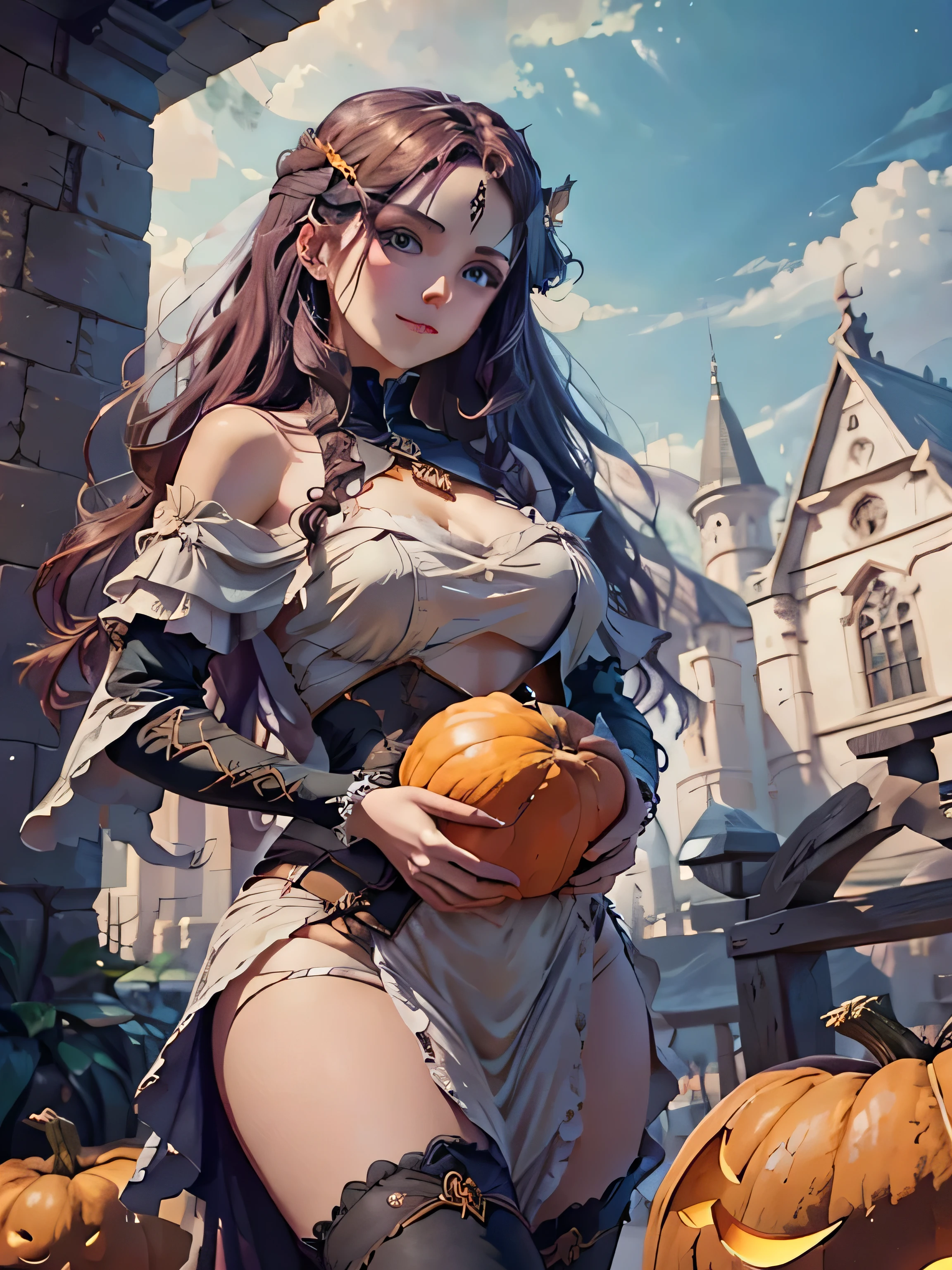 A long-faced girl with bright blue eyes, red long hair, and elegant Victorian witch attire, smiles under noon sunlight.  surrounded by pumpkins and bats. The scene is richly detailed, in a soft, luminous composition reminiscent of Alphonse Mucha, evoking vibrant colors and atmospheric depth, showcasing hyper-realism and fine textures.