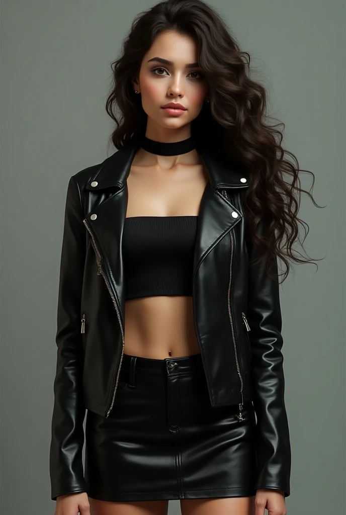 1 woman, silver eyes, long black wavy hair, She is dressed in a leather jacket and jeans, both in black tones., Your expression is serious and confident, Digital illustration of book characters with a solid, neutral gray background