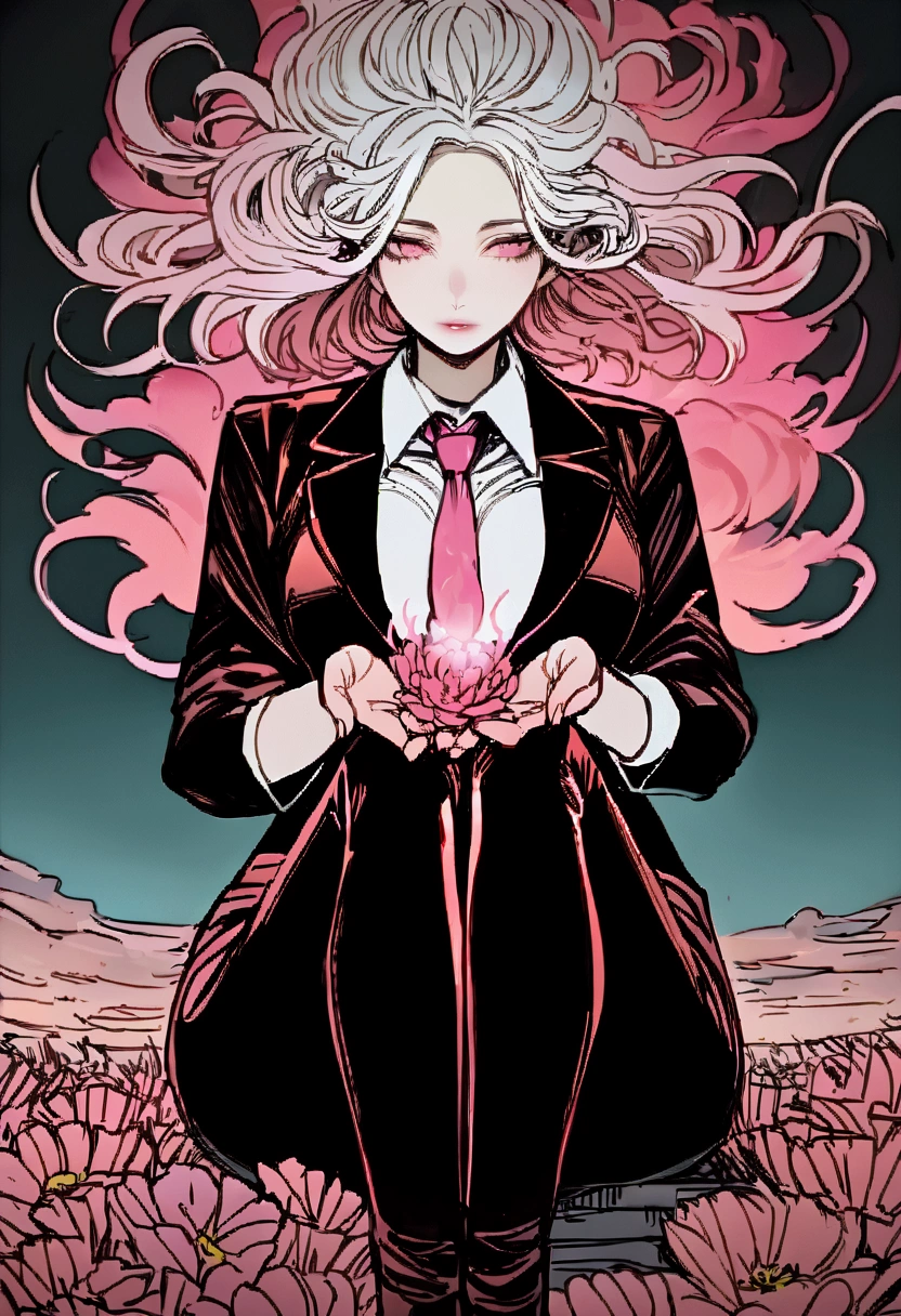  Woman in a black jacket with touches of a flower  , white shirt  ,wearing a pink tie , black pants ,boots, with pink flowers of pink fire coming out of her hands