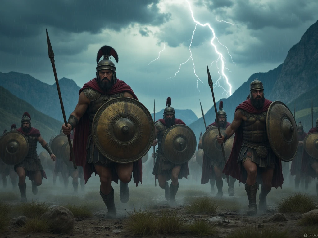 ((top-quality、8K、32K、​masterpiece)), (superfine illustration)、(high resolution), (((Adults))), ((Spartan hoplites, holding large circular bronze shields and heavy spears, storm, cinematic lighting, intense rain, heavy clouds, lightning in the sky, mountains)), (intense atmosphere), (realistic), (very detailed), (utra realistic)), (epic creation)