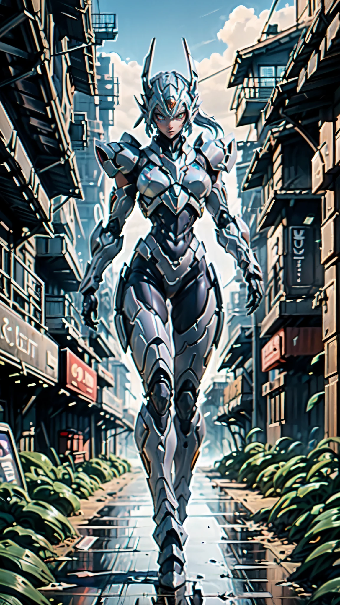 (masterpiece:1.5, best quality:1.5, extremely delicate:1.5), ((Female:1.2)), Biomimetic humanoid Mecha, green eyes, fully enclosed shoulder guards, matching arm and leg guards, gemstone, full body, full armor, the design balances heavy with agility, organic biotech armor, (the color scheme is primarily White and Purple with Black and Red accents, concept Inspired by Kunoichi, glowing eyes, the armor glows), standing, floating high above the futuristic sci-fi city, a finely crafted Super robot in anime style, exquisite and mature art style, feminine, metallic, dramatic, high definition, highres, ultra-detailed, ultra-fine painting, professional, anatomically correct, symmetrical face, extremely detailed eyes and face, high quality eyes, creativity, RAW photo, UHD, 32k, Natural light, cinematic lighting, (masterpiece-anatomy-perfect:1.2)