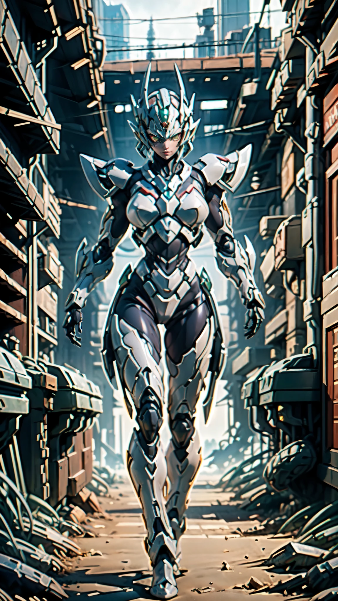 (masterpiece:1.5, best quality:1.5, extremely delicate:1.5), ((Female:1.2)), Biomimetic humanoid Mecha, green eyes, fully enclosed shoulder guards, matching arm and leg guards, gemstone, full body, full armor, the design balances heavy with agility, organic biotech armor, (the color scheme is primarily White and Purple with Black and Red accents, concept Inspired by Kunoichi, glowing eyes, the armor glows), standing, floating high above the futuristic sci-fi city, a finely crafted Super robot in anime style, exquisite and mature art style, feminine, metallic, dramatic, high definition, highres, ultra-detailed, ultra-fine painting, professional, anatomically correct, symmetrical face, extremely detailed eyes and face, high quality eyes, creativity, RAW photo, UHD, 32k, Natural light, cinematic lighting, (masterpiece-anatomy-perfect:1.2)