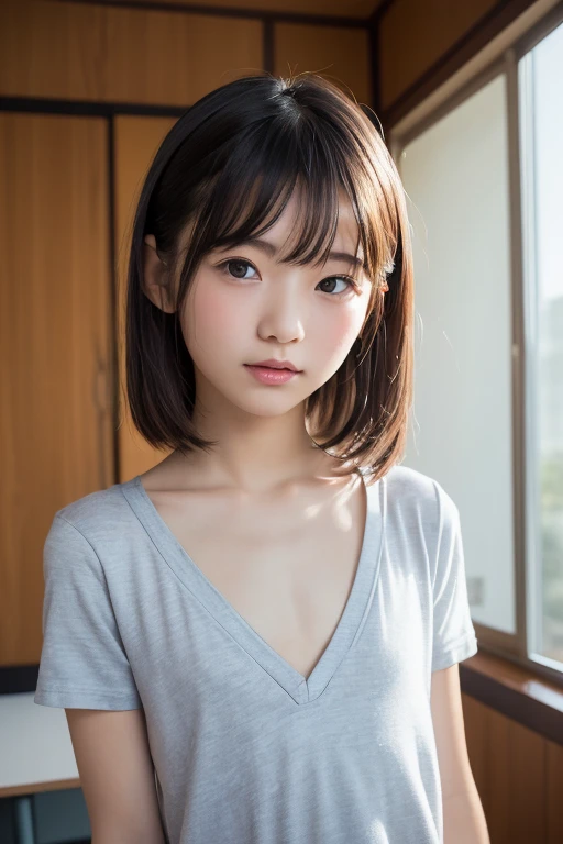 , (japanese Famous idol:1.4) (1cute girl:1.4) (very young face:1.4) best quality, face focus, soft light, ultra high res, (photorealistic:1.4), RAW photo, 1japanese girl, solo, cute, (pupil, lights in the eyes), detailed cute face, (small chest),(high resolution detail of human skin texture), Damask Shirt Dress, (portrait)