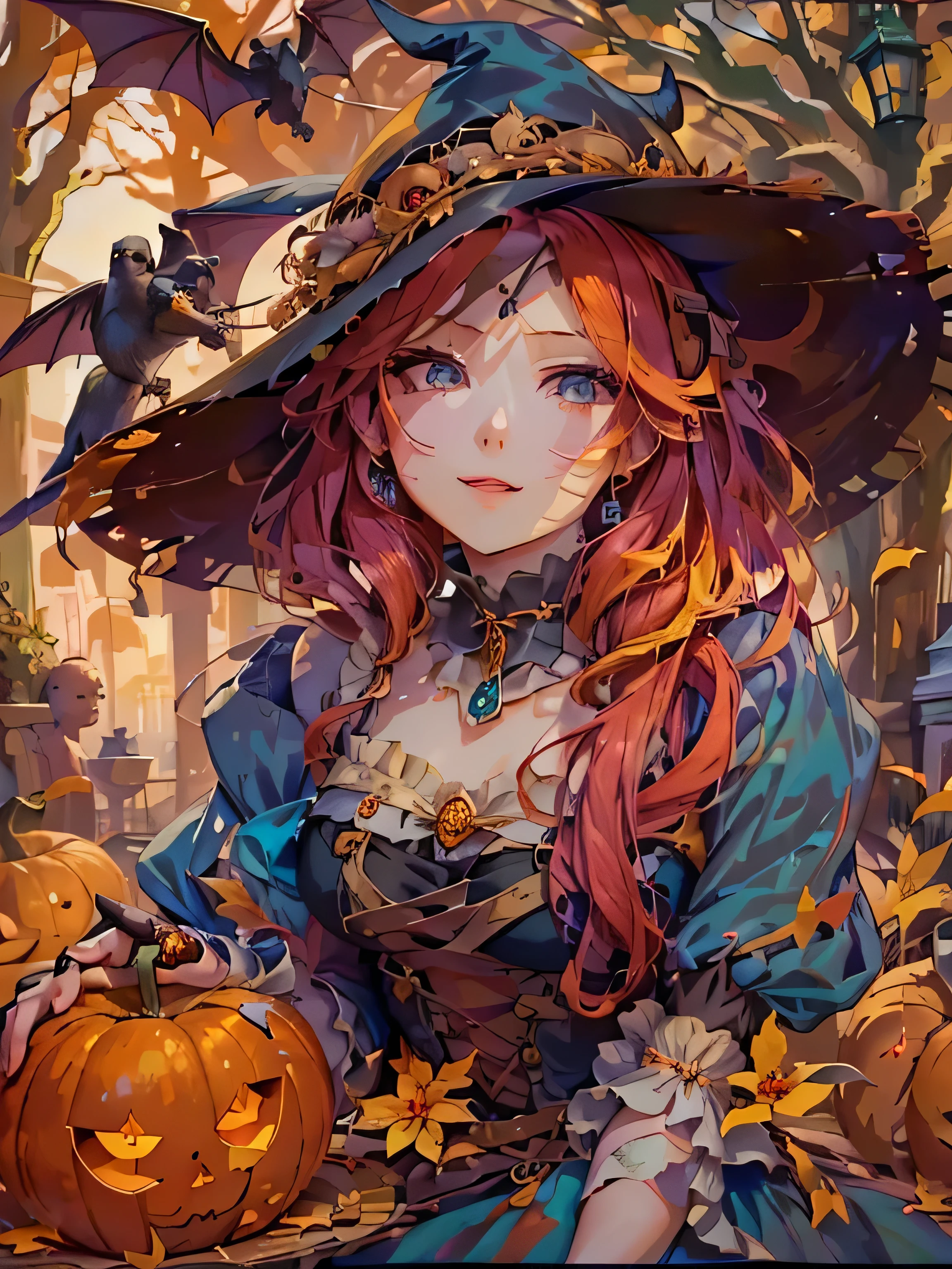 A long-faced girl with bright blue eyes, red long hair, and elegant Victorian witch attire, smiles under noon sunlight.  surrounded by pumpkins and bats. The scene is richly detailed, in a soft, luminous composition reminiscent of Alphonse Mucha, evoking vibrant colors and atmospheric depth, showcasing hyper-realism and fine textures.