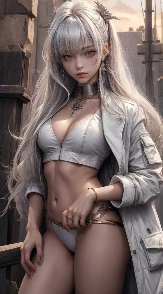 (Front Focus),(In the Dark:1.6), Hyperrealist portrait of female by david hockney and alphonse mucha,Fantasy Art, photographrealistic, Dynamic lighting, art stations, poster for, Volumetric lighting, extra detailed face, 4 k, awardwinning,, 1girl in,tiny chest, In the Dark, deepshadow, lowkey,Cowboy Shot,(official clothing:1.4) ,Long hair,White hair,