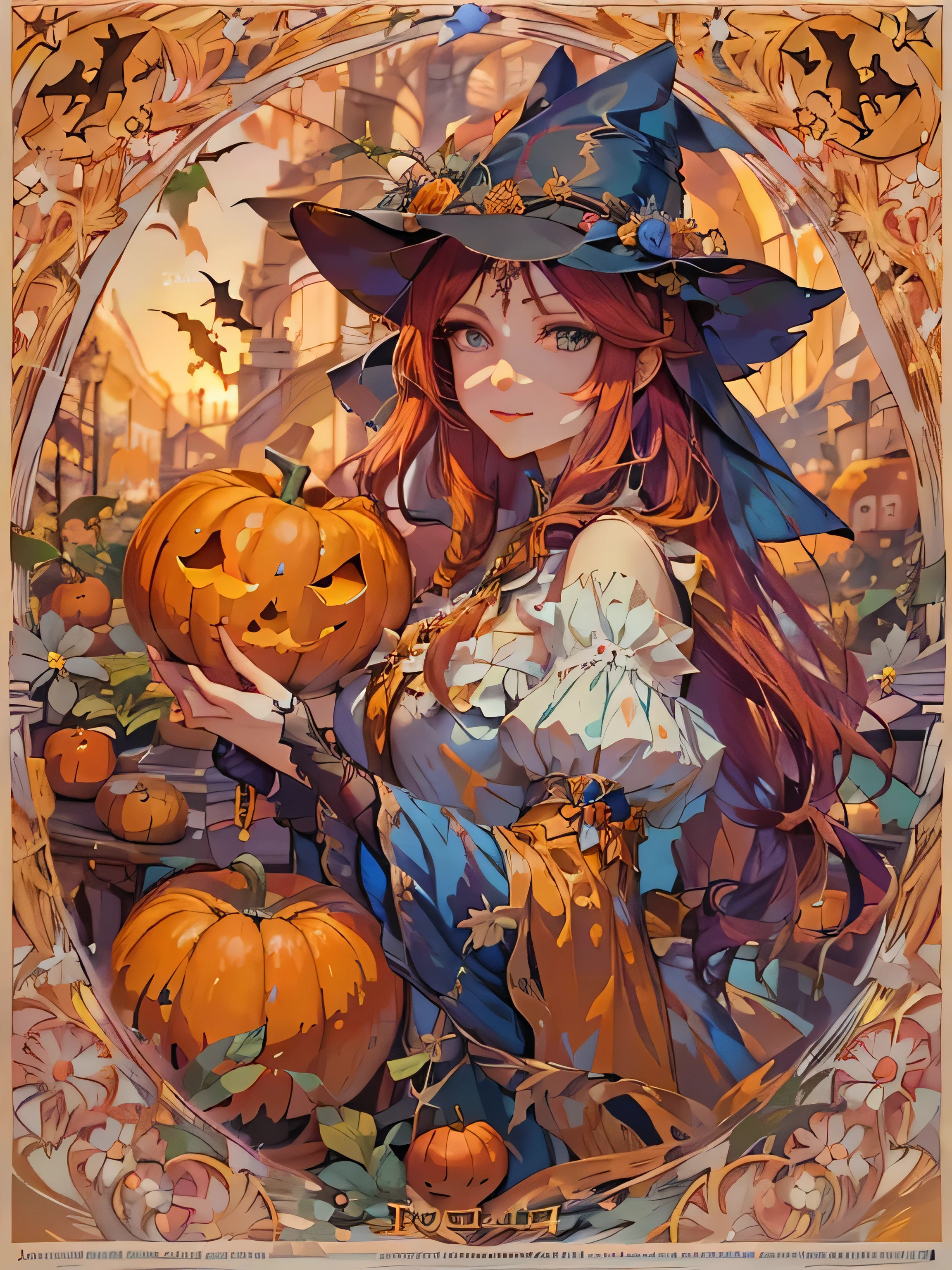 A long-faced girl with bright blue eyes, red long hair, and elegant Victorian witch attire, smiles under noon sunlight.  surrounded by pumpkins and bats. The scene is richly detailed, in a soft, luminous composition reminiscent of Alphonse Mucha, evoking vibrant colors and atmospheric depth, showcasing hyper-realism and fine textures.