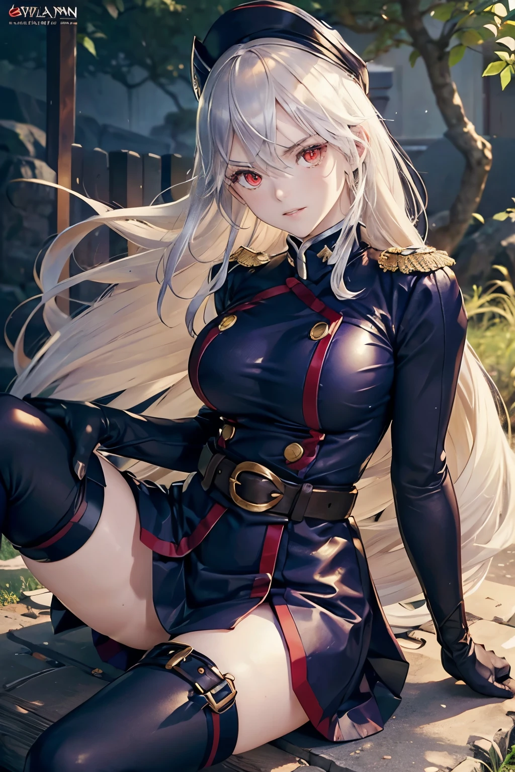 gros seins, jambes grasses, (assise), ((perfect eyes)), (extremely fine and beautiful:1.1), (perfect details:1.1), (finely detailed eyes and detailed face:1.3), ((uzen kyouka)), demon slave, outdoors, blue sky, long hair, (red eyes:1.3), white hair, BREAK thighhighs, gloves, hat, boots, belt, sword, uniform, zettai ryouiki, military, military uniform, thigh boots, shako cap, shining clothes