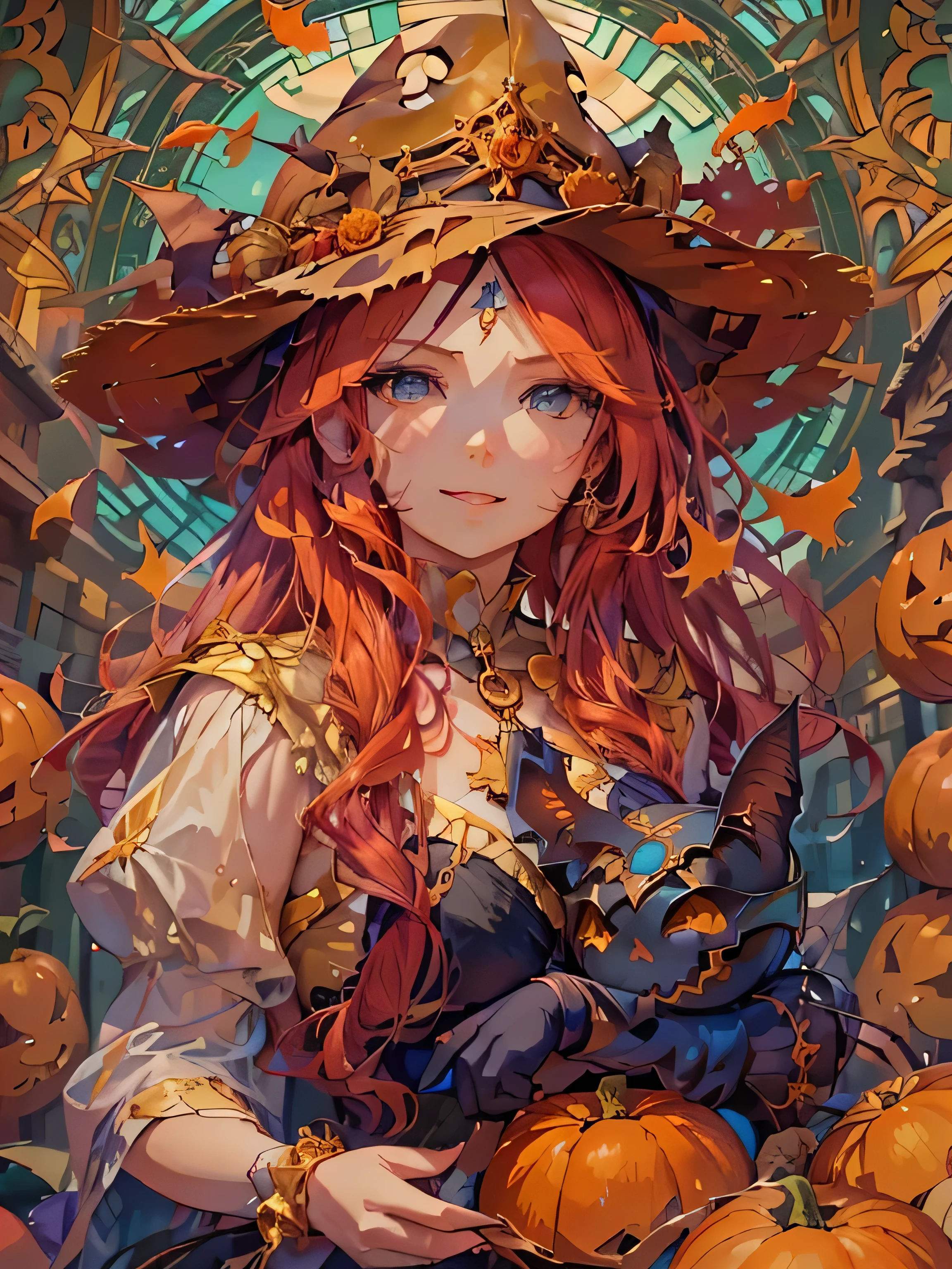 A long-faced girl with bright blue eyes, red long hair, and elegant Victorian witch attire, smiles under noon sunlight.  surrounded by pumpkins and bats. The scene is richly detailed, in a soft, luminous composition reminiscent of Alphonse Mucha, evoking vibrant colors and atmospheric depth, showcasing hyper-realism and fine textures.