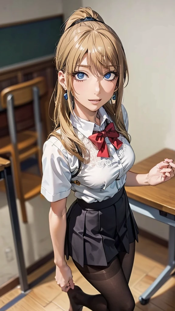 (( correct anatomy)),((Sexy lace panties)),(( Pleated Mini Skirt)),(( beautiful feet)),((Small breasts)),(( black pantyhose)),(((Student Uniform))),(( white blouse)),(()),(()),((School)), ultra high resolution,  mature women,  mature women,  very detailed, Perfect hands, Fine fingers,  beautiful details ,((length, Long blonde hair)),(( ponytail)), earrings with cups, perfect eyes, seductive eyes,