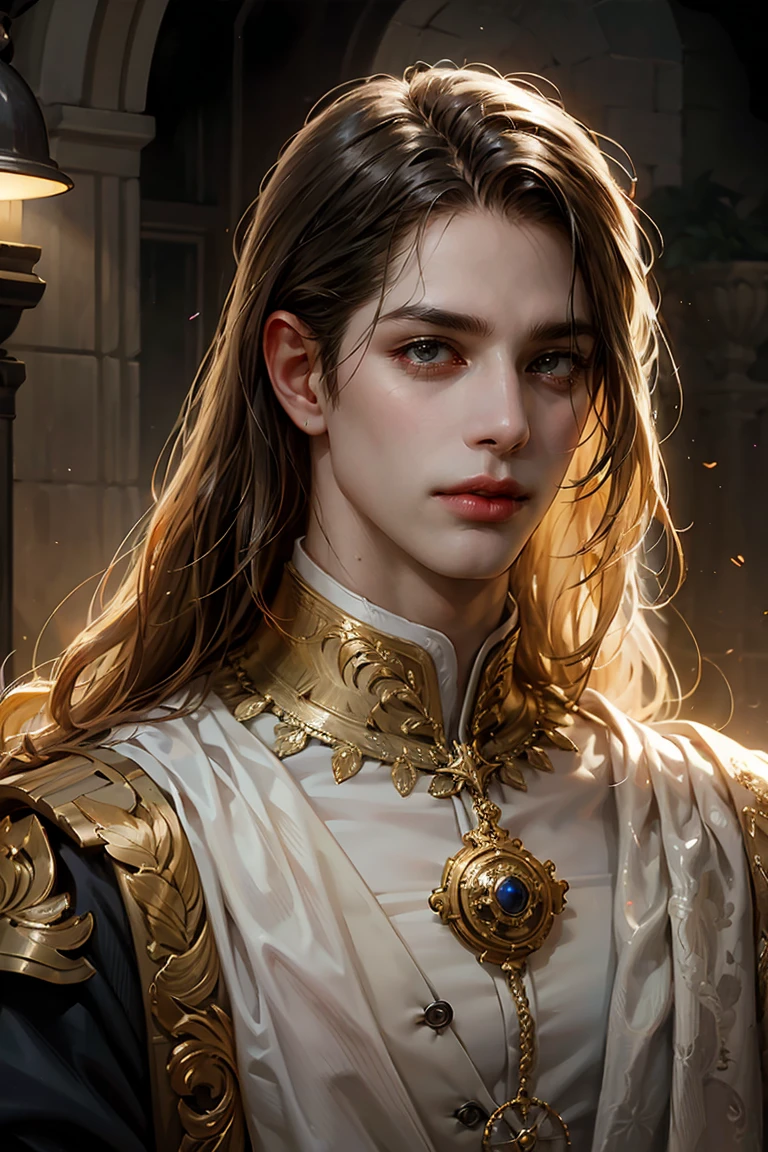 a noble duke with long hair, medieval, (1 man), detailed portrait, high quality, realistic, photorealistic, cinematic lighting, dramatic lighting, epic fantasy, ornate clothing, jewelry, dimensional depth, atmospheric, chiaroscuro, looks at the viewer