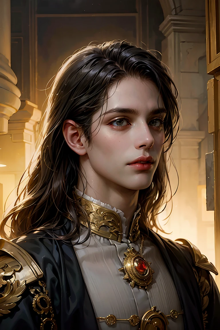 a noble duke with long hair, medieval, (1 man), detailed portrait, high quality, realistic, photorealistic, cinematic lighting, dramatic lighting, epic fantasy, ornate clothing, jewelry, dimensional depth, atmospheric, chiaroscuro, looks at the viewer