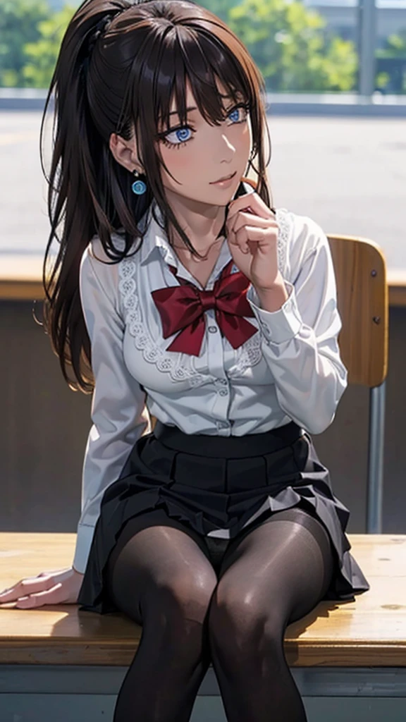 (( correct anatomy)),((Sexy lace panties)),(( Pleated Mini Skirt)),(( beautiful feet)),((Small breasts)),(( black pantyhose)),(((Student Uniform))),(( white blouse)),(()),(()),((School)), ultra high resolution,  mature women,  mature women,  very detailed, Perfect hands, Fine fingers,  beautiful details ,((length, Long black hair)),(( ponytail)), earrings with cups, perfect eyes, seductive eyes,