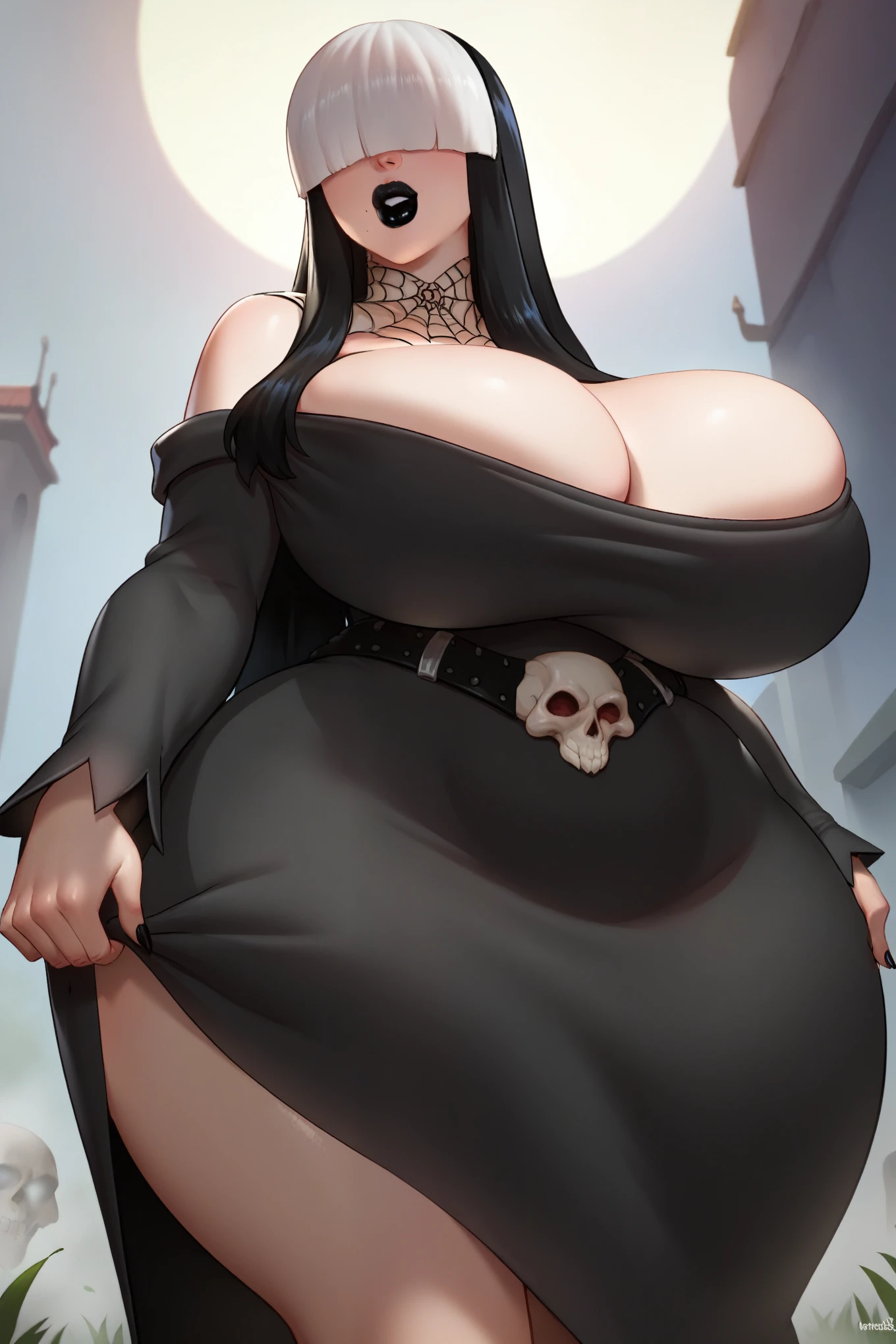 score_9, score_8_up, score_7_up, score_6_up, source_anime, BREAK 1girl gothmom, from below, multicolored hair, hair over eyes, black lipstick, black dress, long sleeves, belt, bare shoulders, cleavage, big breasts, thick thighs, big ass, teasing viewer, lifting her dress, able to see ass from the front, skull between breasts, smile