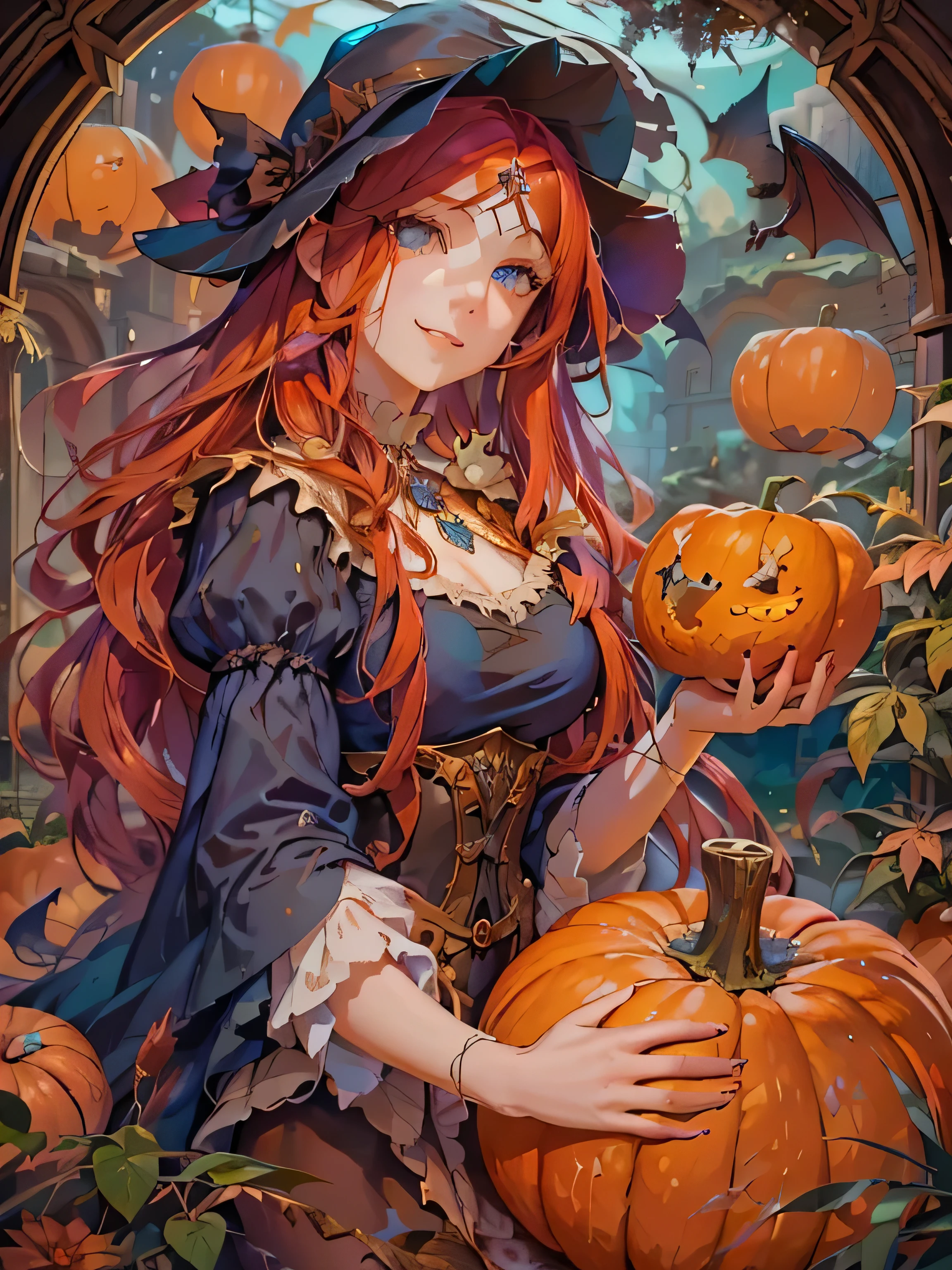 A long-faced girl with bright blue eyes, red long hair, and elegant Victorian witch attire, smiles under noon sunlight.  surrounded by pumpkins and bats. The scene is richly detailed, in a soft, luminous composition reminiscent of Alphonse Mucha, evoking vibrant colors and atmospheric depth, showcasing hyper-realism and fine textures.