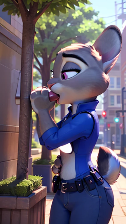 8k, film, Masterpiece quality, semi-realistic,  highly detailed,  furry female anthro, short skinny jeans , judy hopps, 3D-Pixar-Stil, standing, Blowjob, Rotes Fell,  red fur 