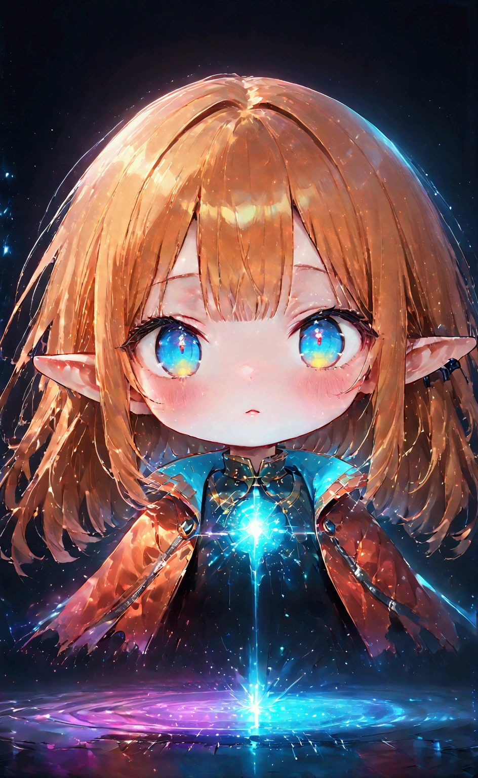 girlอนิเมะ , portrait ,  Shimmering Blue Eyes , Chibi, girl , Two dimensions , light , SF , digital  art , digital  , พื้นหลังDark color ,  masterpiece, , , , digital  space, energy, beautiful, 4K , light, beautiful, Dark color , beautiful Light Lines.  magic effect  , illuminated, beautiful Light Grains, Elf ears , Medium Orange Hair  ,  cyberpunk background  , Center image , Vampire ,miraculous , Chibi , Front Angle ,  look at the audience  , face , ((Avatar ))
