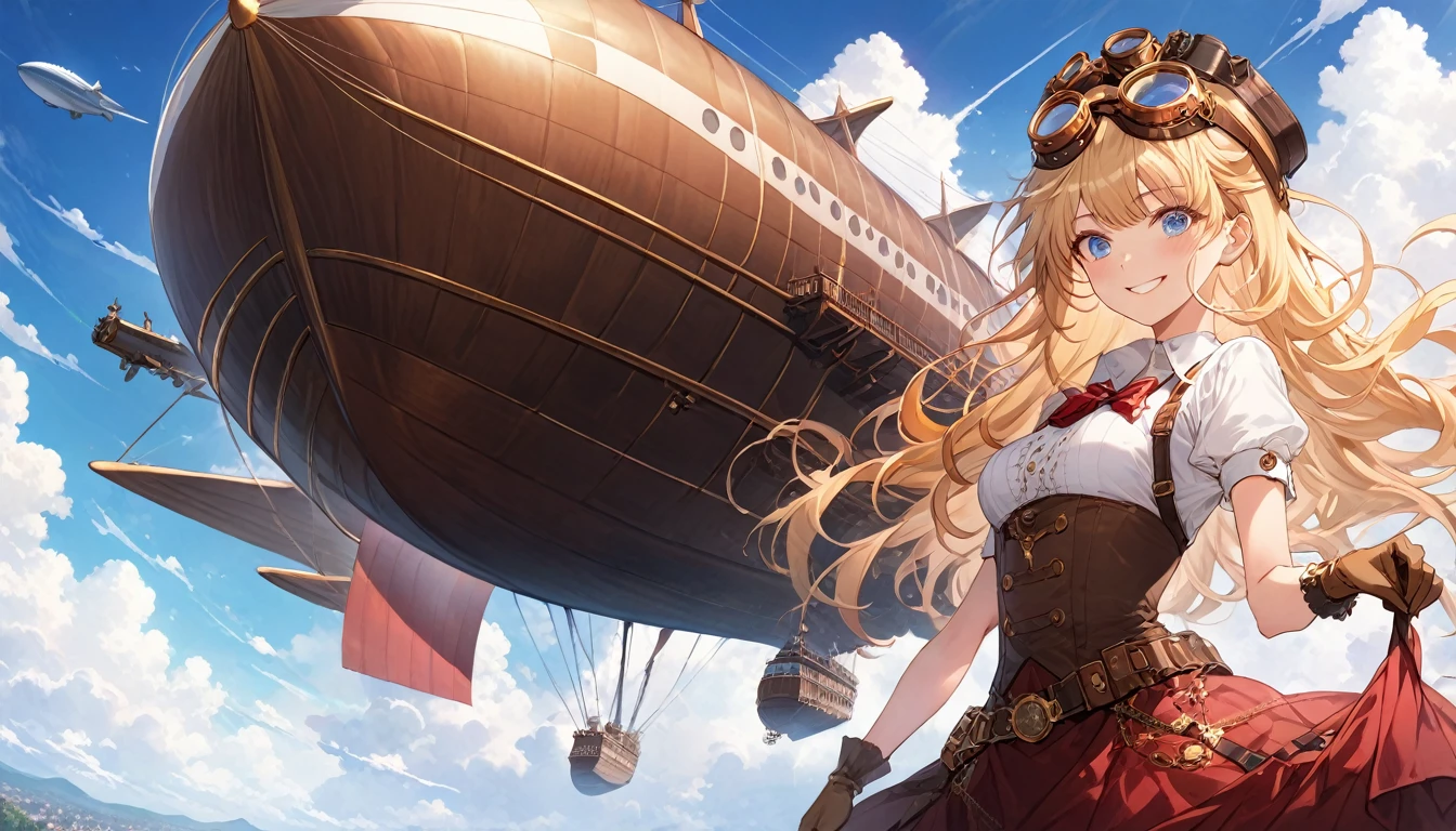  score_9_up,  score_9,  score_8_up,  score_7_up, sauce_anime,masterpiece, Best Quality,  Kampala,  Extremely Detailed CG , Absurd,  Kampala,  1 Girl, Alone, a girl in goggles on head, A huge airship flies through the sky with clouds in the background, Clouds and blue_Background Sky, Blonde, gloves, goggles, Long Hair,  blue eyes , goggles on head, smile,  brown gloves , arms,  steampunk, cowboy_shot