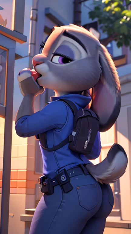 8k, film, Masterpiece quality, semi-realistic,  highly detailed, realistic,  furry female anthro, short skinny jeans , judy hopps, long ears, 3D-Pixar-Stil, standing, Blowjob, Rotes Fell,  red fur 