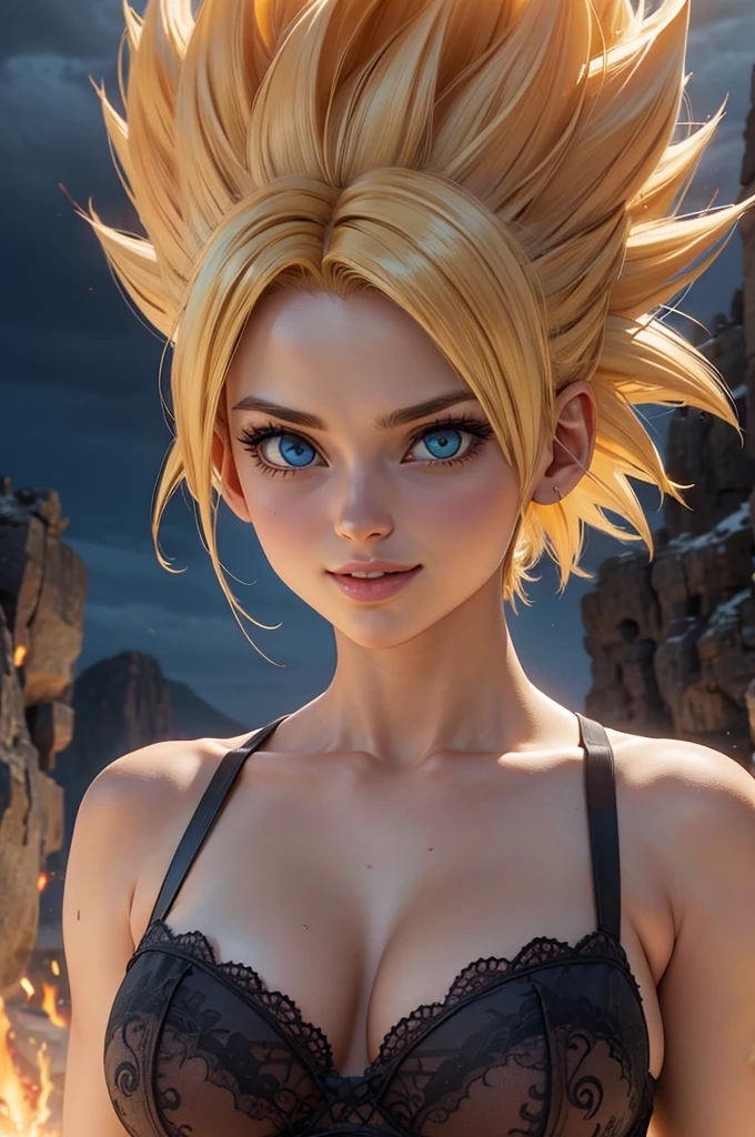 best quality, masterpiece, 1girl, female super saiyan 3, super Saiyan 3 hair, spiked hair, halter top, mini skirt, leggings, long hair, yellow hair, wind blowing upwards, yellow power aura, long hair, green pupils, rubble ground background, broken ground,