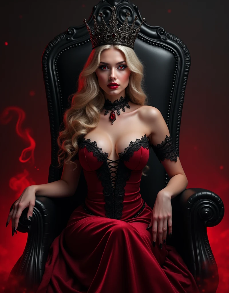 (best quality, photo-realistic:1.37), vibrant lighting, detailed female figure, long hair, Dynamic pose, body in action Canon 5D, 50mm lens, f/4 aperture, (ultra-detailed, complex detail), sharp focus, soft colors, 8k, absurd, 8mm film grain, Amazing realistic photography.elegant gothic queen, beautiful detailed eyes, beautiful detailed lips, extremely detailed eyes and face, long eyelashes, luxurious red lingerie, big breast, sexy pose, sitting on a dark fantasy throne, dramatic lighting, dramatic shadows, dark fantasy art, gothic fantasy art, neo art core style, art by charlie bowater, hyper detailed oil painting, realistic, photorealistic, 8k, best quality, ultra-detailed, physically-based rendering, vivid colors, moody dramatic lighting