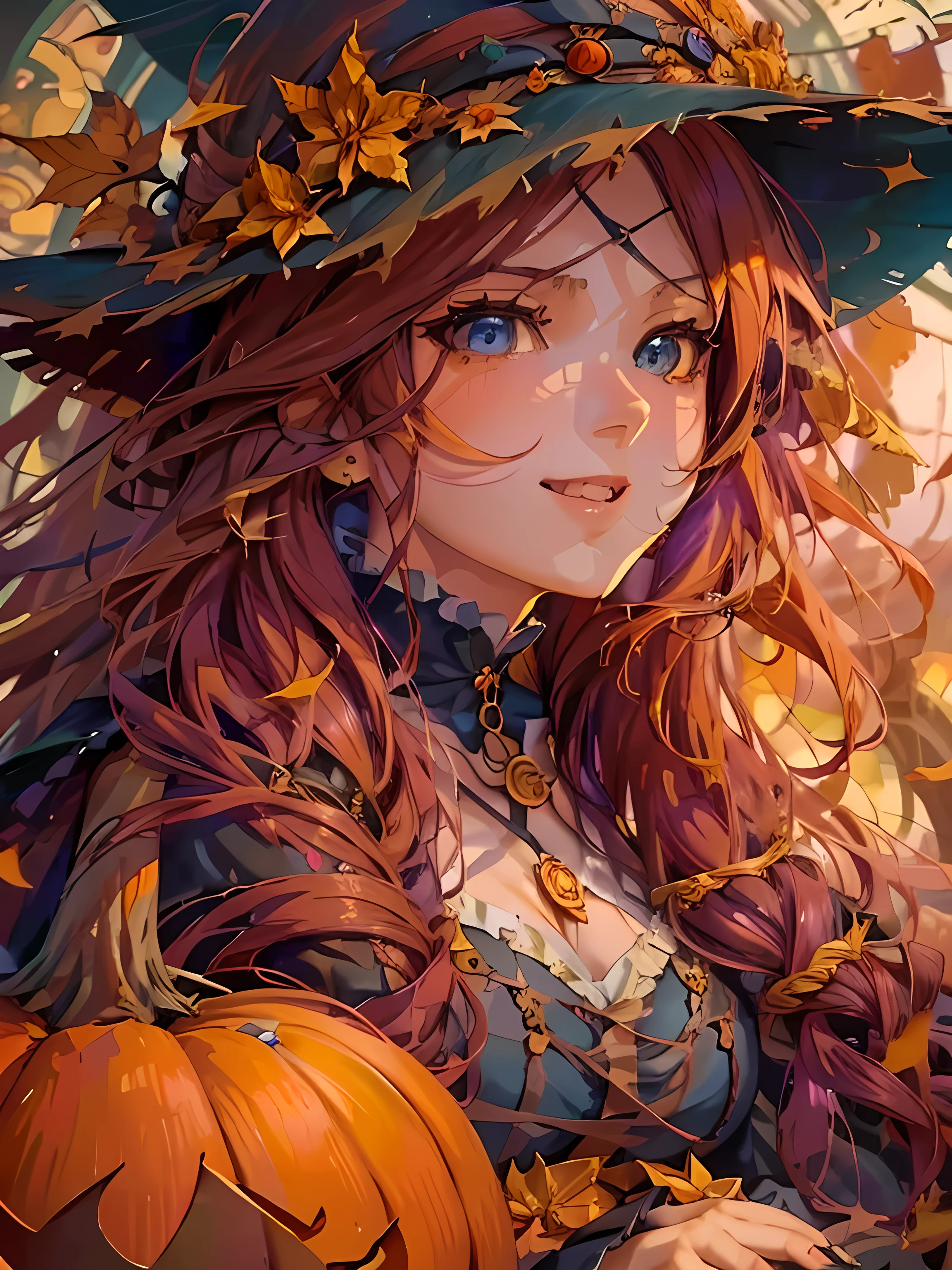 A long-faced girl with bright blue eyes, red long hair, and elegant Victorian witch attire, smiles under noon sunlight.  surrounded by pumpkins and bats. The scene is richly detailed, in a soft, luminous composition reminiscent of Alphonse Mucha, evoking vibrant colors and atmospheric depth, showcasing hyper-realism and fine textures.