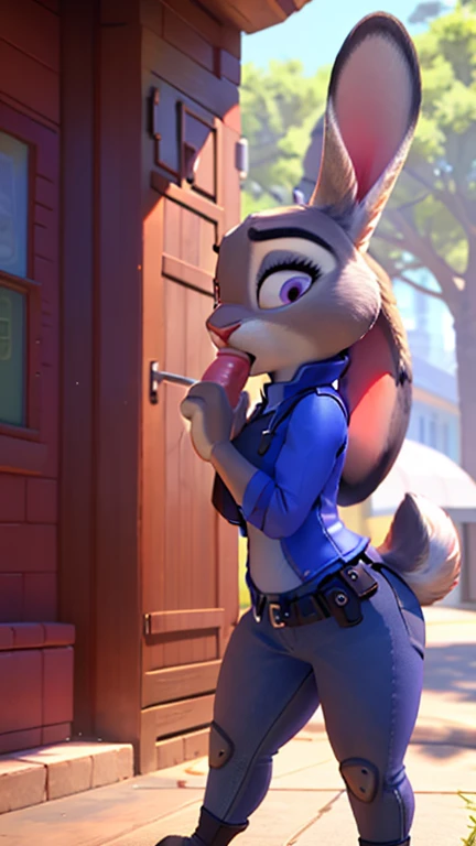 8k, film, Masterpiece quality,  highly detailed, realistic,  furry female anthro, short skinny jeans , judy hopps, long ears, 3D-Pixar-Stil, standing, Blowjob, Rotes Fell,  red fur 