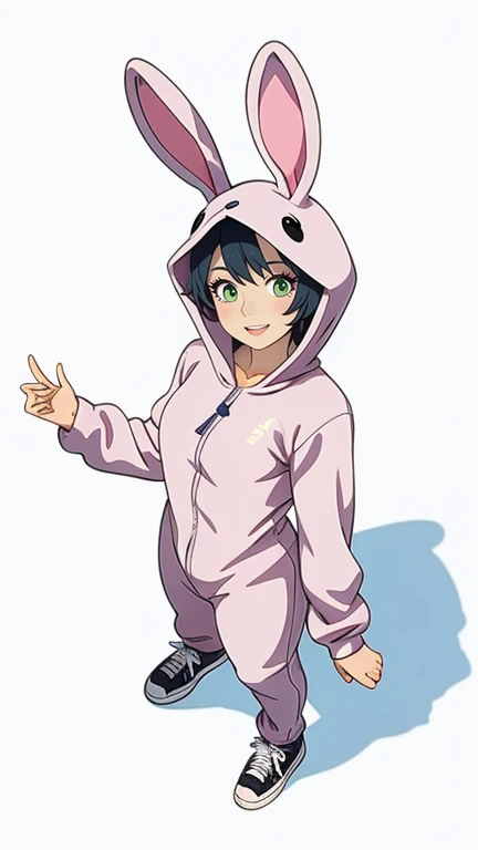 A woman wearing a bunny onesie, sneakers, happy, looking at viewer, full body, standing pose, masterpiece, best quality, (viewed from above:1.5), (simple white background), lineart, anime style
