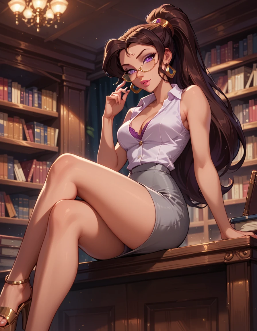 score_9, score_8_up, score_7_up, 1girl, solo, very sexy (Disney's Megara, brown hair, purple eyes, ponytail:1.3), beautiful waifu, cute reading glasses, school uniform, sleeveless shirt, pencil skirt, grey skirt, collared shirt, wedge, high heel sandals cleavage, confident, seductive, flirt, gaze, sexy look, head tilt, filled lips, thick lips, sexy pout, in library, (sitting on reception desk, legs crossed:1.2), model pose, sexy pose, elegant, glamorous, dimly lit, perfect hands, perfect proportions, low angle.